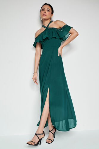 Jewel Wave Flared Dress, Emerald Green, image 2